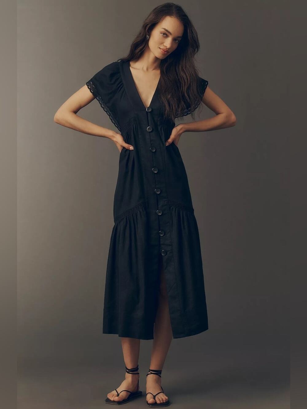 Anthropologie Reneé Flutter-Sleeve Linen Button-Front Midi Dress